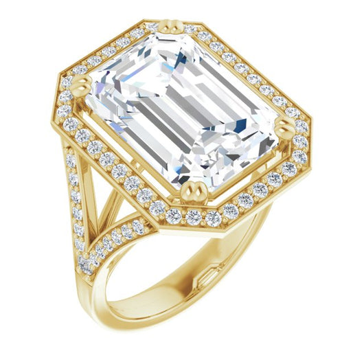 10K Yellow Gold Customizable Cathedral-set Emerald/Radiant Cut Style with Accented Split Band and Halo