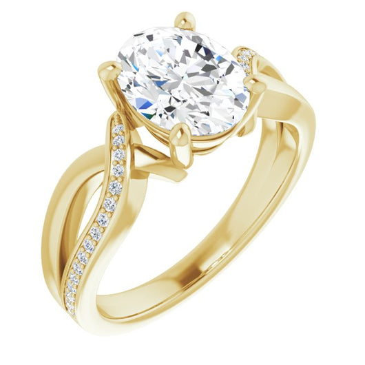 10K Yellow Gold Customizable Oval Cut Center with Curving Split-Band featuring One Shared Prong Leg