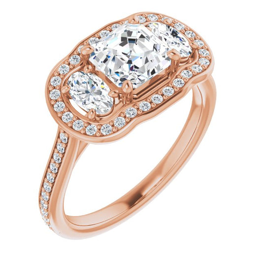 10K Rose Gold Customizable Asscher Cut Style with Oval Cut Accents, 3-stone Halo & Thin Shared Prong Band