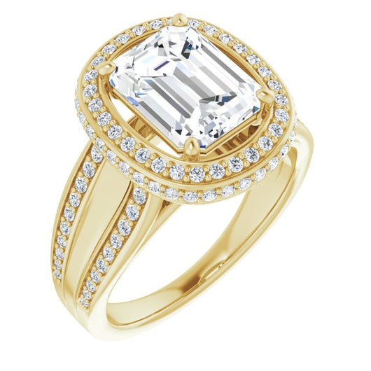 10K Yellow Gold Customizable Halo-style Emerald/Radiant Cut with Under-halo & Ultra-wide Band