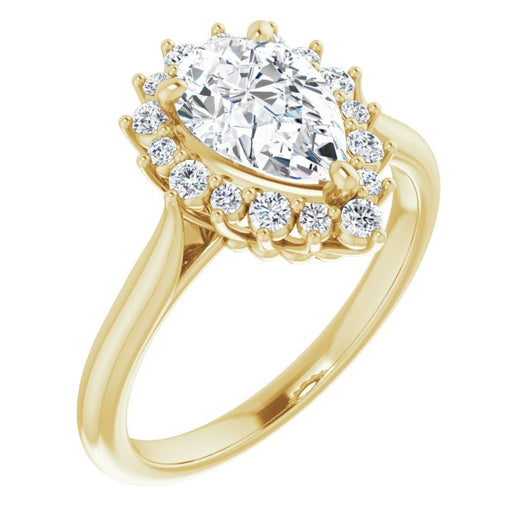 10K Yellow Gold Customizable Crown-Cathedral Pear Cut Design with Clustered Large-Accent Halo & Ultra-thin Band