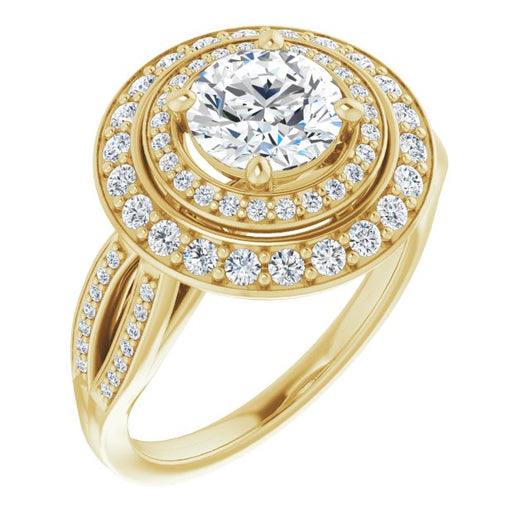 10K Yellow Gold Customizable Cathedral-style Round Cut Design with Double Halo & Split-Pavé Band