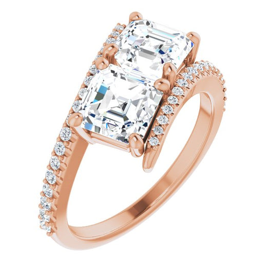 10K Rose Gold Customizable Double Asscher Cut 2-stone Design with Ultra-thin Bypass Band and Pavé Enhancement