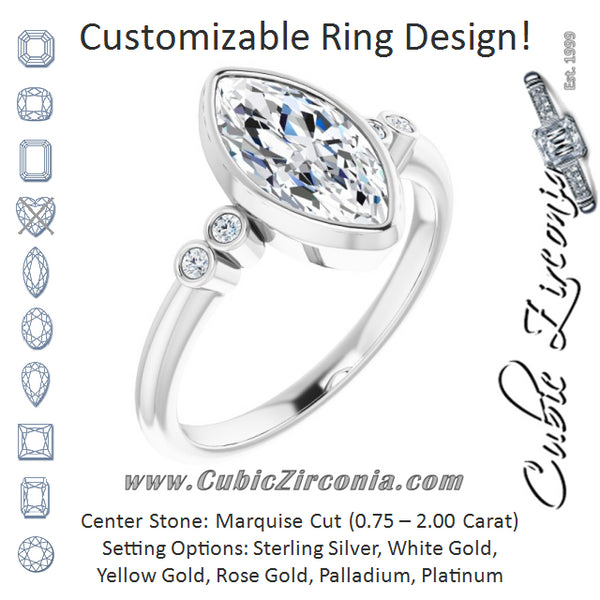 Cubic Zirconia Engagement Ring- The Mandira (Customizable 5-stone Bezel-set Marquise Cut Design with Quad Round-Bezel Side Stones)