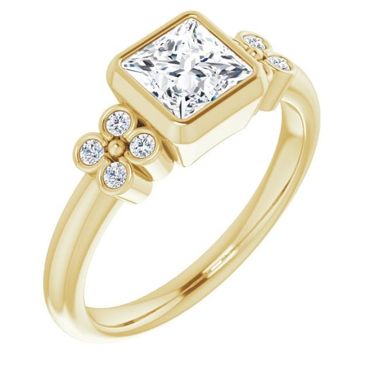 10K Yellow Gold Customizable 9-stone Bezel-set Princess/Square Cut Design with Quad Round Bezel Side Stones Each Side