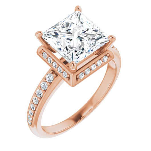 10K Rose Gold Customizable Princess/Square Cut Design with Geometric Under-Halo and Shared Prong Band