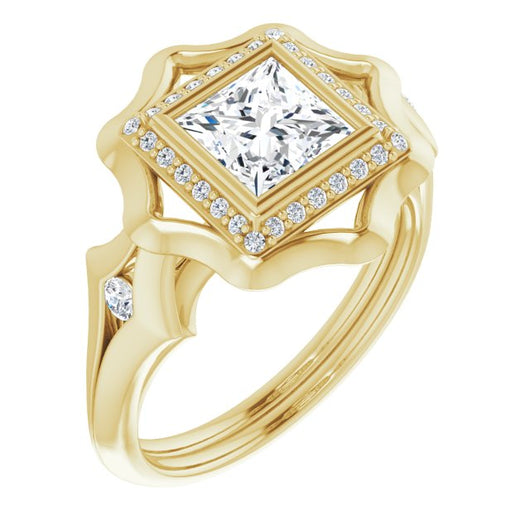 10K Yellow Gold Customizable Bezel-set Princess/Square Cut with Halo & Oversized Floral Design