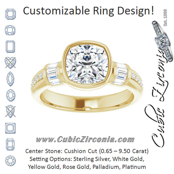 Cubic Zirconia Engagement Ring- The Danna (Customizable Cathedral-Bezel Cushion Cut Style with Horizontal Baguettes & Shared Prong Band)