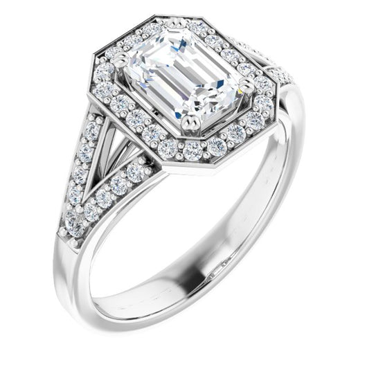 10K White Gold Customizable Cathedral-set Emerald/Radiant Cut Style with Accented Split Band and Halo