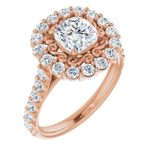 10K Rose Gold Customizable Cushion Cut Cathedral Style with Oversized Halo