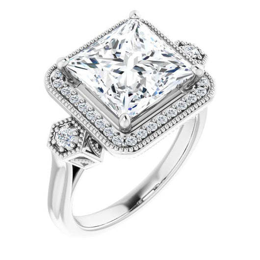 10K White Gold Customizable Cathedral Princess/Square Cut Design with Halo and Delicate Milgrain