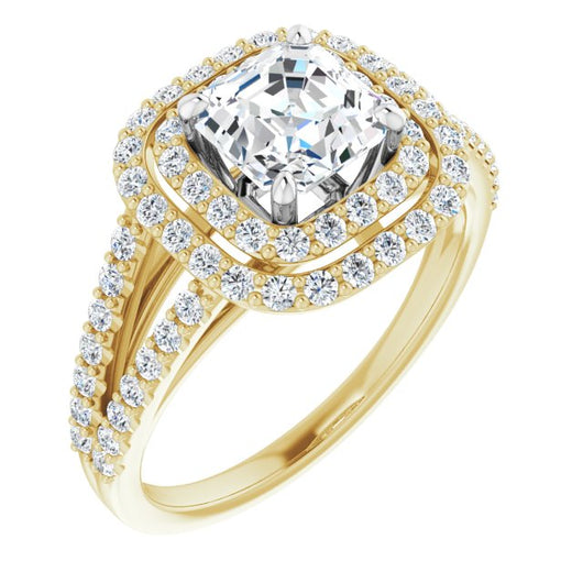 14K Yellow & White Gold Customizable Asscher Cut Design with Double Halo and Wide Split-Pavé Band