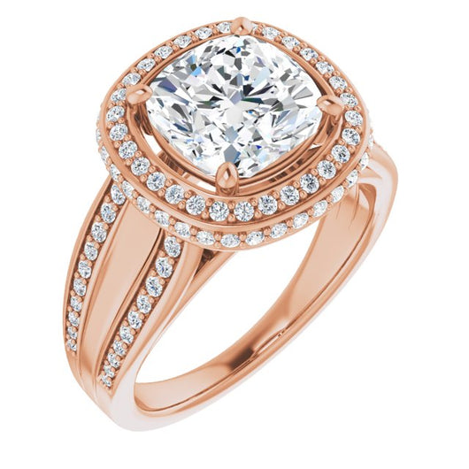 10K Rose Gold Customizable Halo-style Cushion Cut with Under-halo & Ultra-wide Band