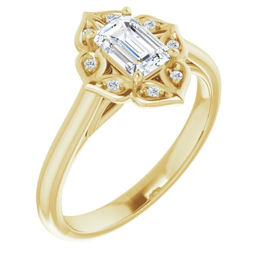 10K Yellow Gold Customizable Cathedral-raised Emerald/Radiant Cut Design with Star Halo & Round-Bezel Peekaboo Accents