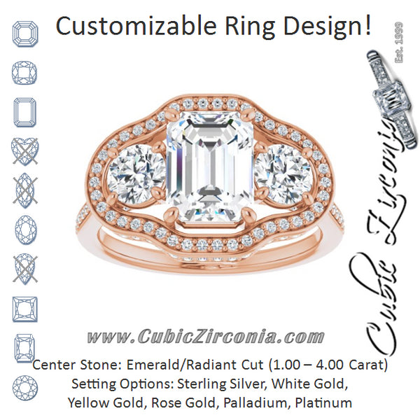 Cubic Zirconia Engagement Ring- The Iekika (Customizable 3-stone Emerald Cut Design with Multi-Halo Enhancement and 150+-stone Pavé Band)