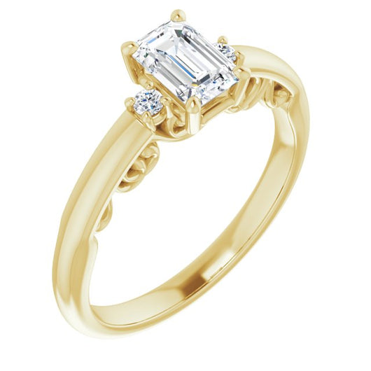 10K Yellow Gold Customizable Emerald/Radiant Cut 3-stone Style featuring Heart-Motif Band Enhancement