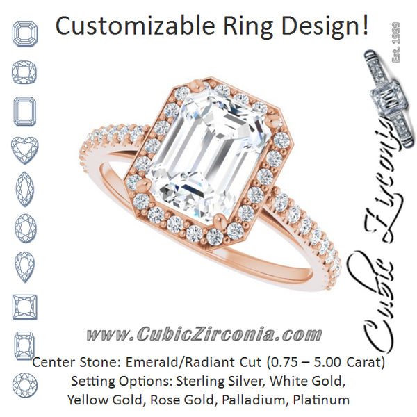 Cubic Zirconia Engagement Ring- The Catherine Lea (Customizable Emerald Cut Design with Halo and Thin Pavé Band)