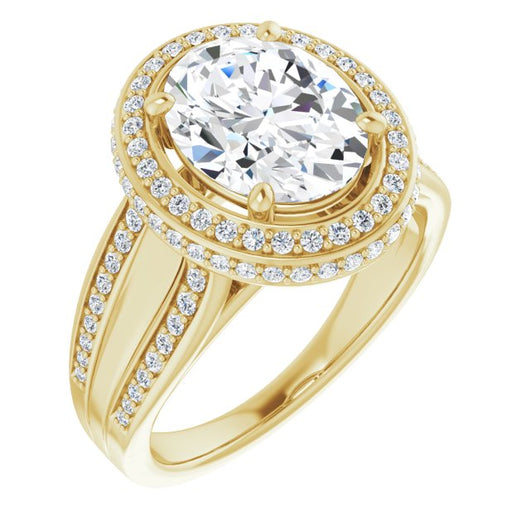 10K Yellow Gold Customizable Halo-style Oval Cut with Under-halo & Ultra-wide Band