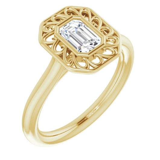 10K Yellow Gold Customizable Cathedral-Bezel Style Emerald/Radiant Cut Solitaire with Flowery Filigree