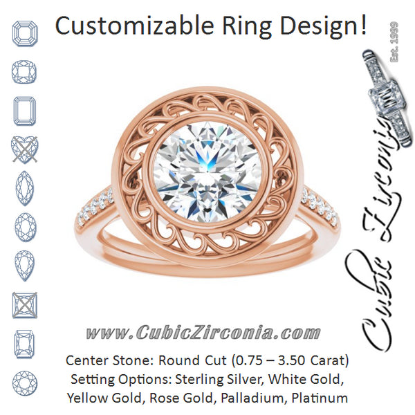 Cubic Zirconia Engagement Ring- The Hailey Belle (Customizable Cathedral-Bezel Round Cut Design with Floral Filigree and Thin Shared Prong Band)