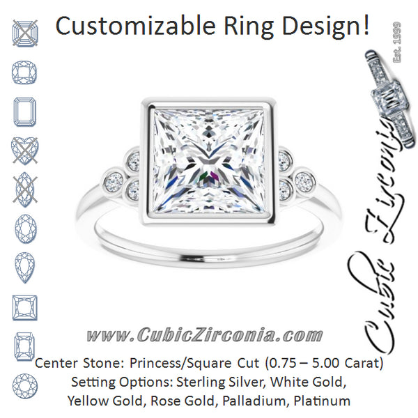 Cubic Zirconia Engagement Ring- The Kaipo (Customizable 7-stone Princess/Square Cut Style with Triple Round-Bezel Accent Cluster Each Side)