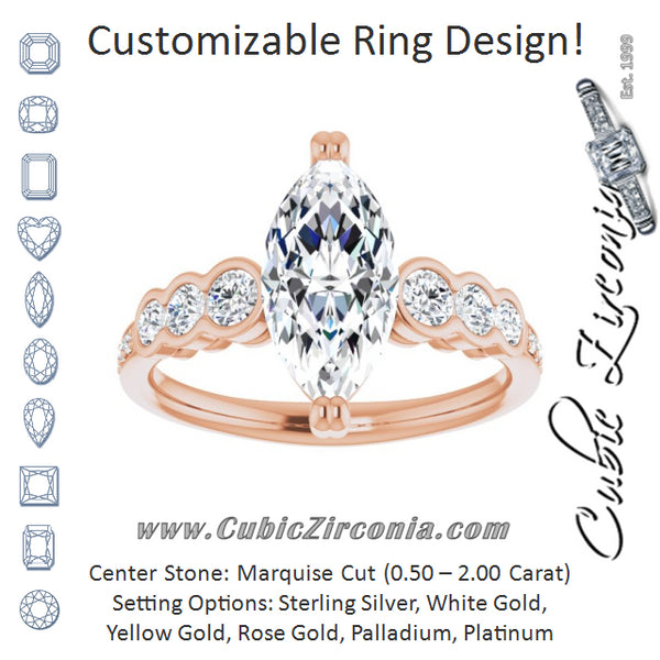 Cubic Zirconia Engagement Ring- The Jeanna (Customizable Marquise Cut 7-stone Style Enhanced with Bezel Accents and Shared Prong Band)