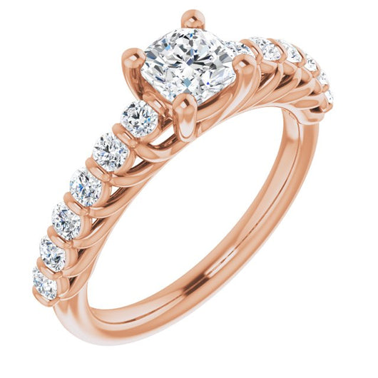 10K Rose Gold Customizable Cushion Cut Style with Round Bar-set Accents