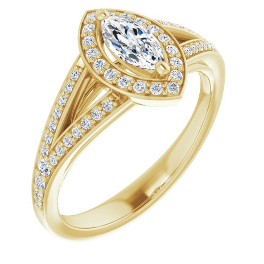 10K Yellow Gold Customizable Cathedral-Halo Marquise Cut Style featuring Split-Shared Prong Band