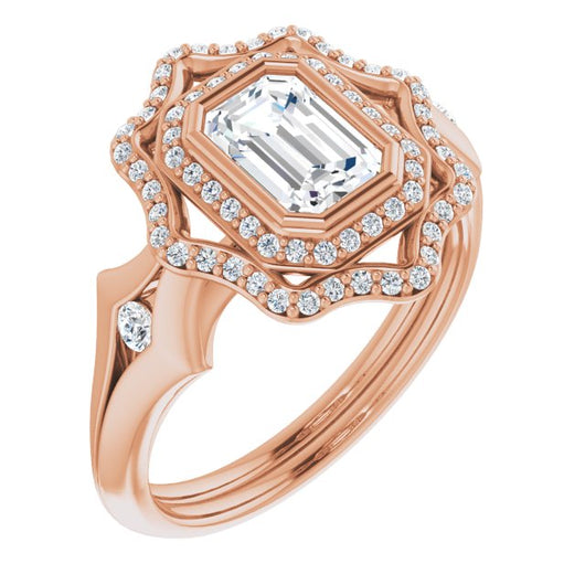 10K Rose Gold Customizable Cathedral-bezel Emerald/Radiant Cut Design with Floral Double Halo and Channel-Accented Split Band