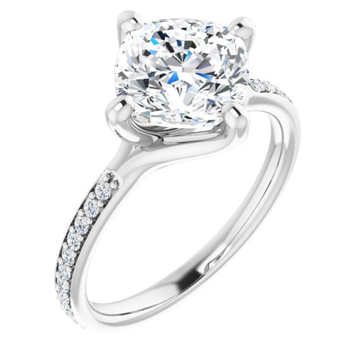 10K White Gold Customizable Cushion Cut Design featuring Thin Band and Shared-Prong Round Accents