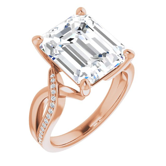 10K Rose Gold Customizable Emerald/Radiant Cut Center with Curving Split-Band featuring One Shared Prong Leg