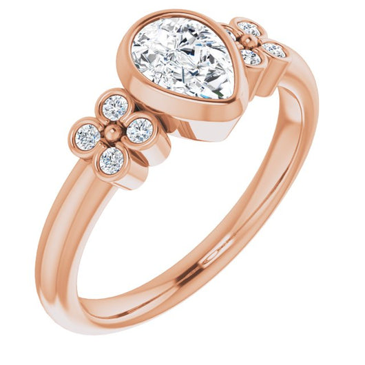 10K Rose Gold Customizable 9-stone Bezel-set Pear Cut Design with Quad Round Bezel Side Stones Each Side