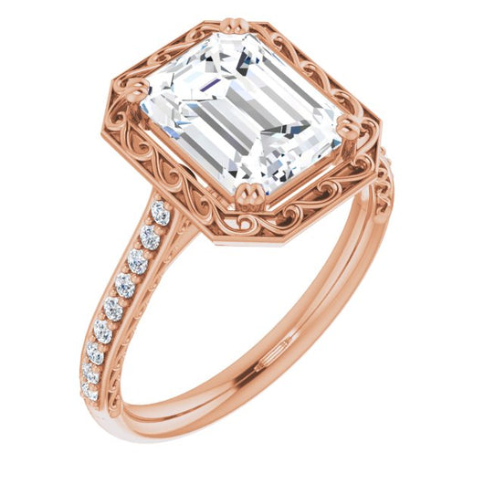 10K Rose Gold Customizable Emerald/Radiant Cut Halo Design with Filigree and Accented Band