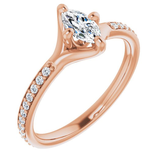 10K Rose Gold Customizable Marquise Cut Design featuring Thin Band and Shared-Prong Round Accents