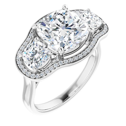 10K White Gold Customizable 3-stone Design with Cushion Cut Center, Cushion Side Stones, Triple Halo and Bridge Under-halo