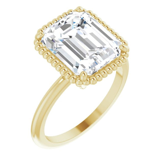 10K Yellow Gold Customizable Emerald/Radiant Cut Solitaire with Beaded Metallic Milgrain