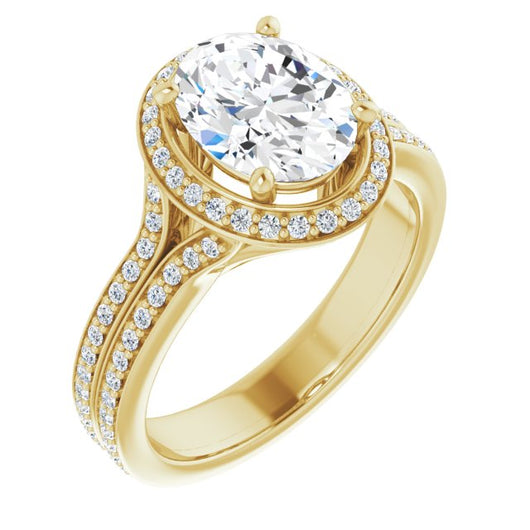 10K Yellow Gold Customizable Cathedral-raised Oval Cut Setting with Halo and Shared Prong Band