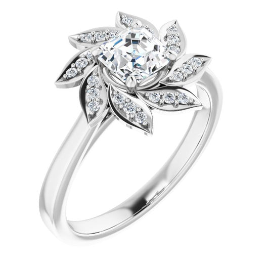 10K White Gold Customizable Asscher Cut Design with Artisan Floral Halo