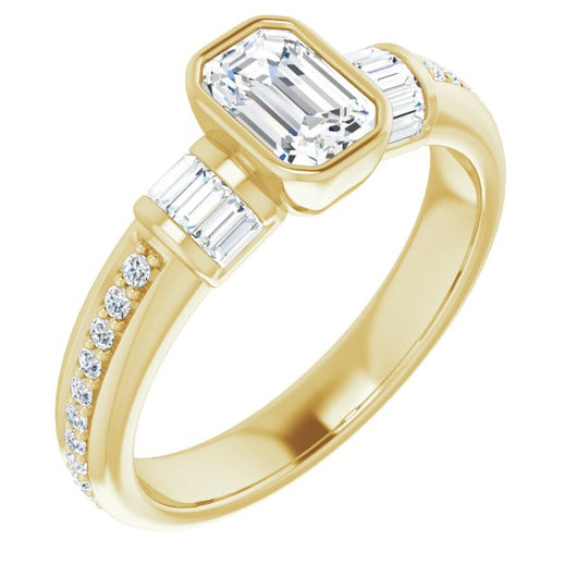 10K Yellow Gold Customizable Cathedral-Bezel Emerald/Radiant Cut Style with Horizontal Baguettes & Shared Prong Band