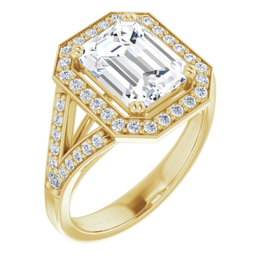 10K Yellow Gold Customizable Cathedral-set Emerald/Radiant Cut Style with Accented Split Band and Halo