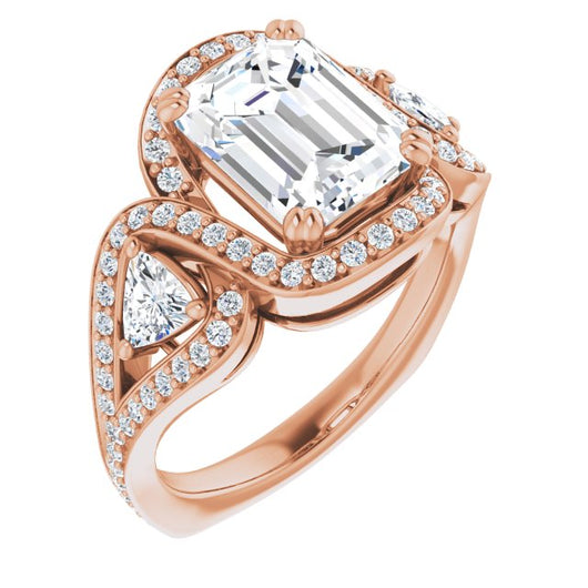 10K Rose Gold Customizable Emerald/Radiant Cut Center with Twin Trillion Accents, Twisting Shared Prong Split Band, and Halo