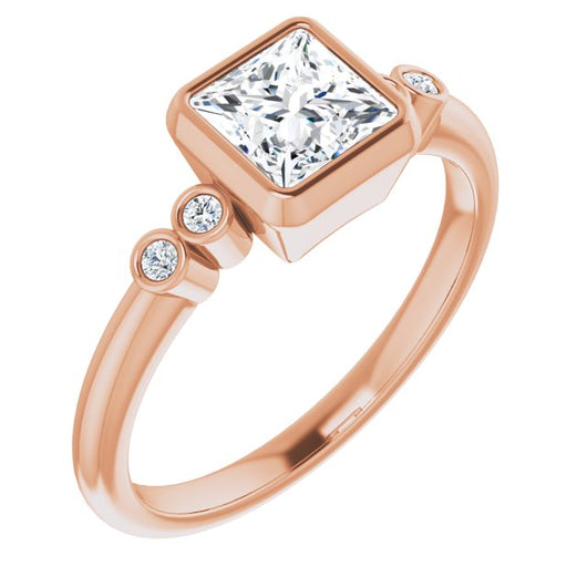 10K Rose Gold Customizable 5-stone Bezel-set Princess/Square Cut Design with Quad Round-Bezel Side Stones