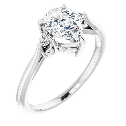 10K White Gold Customizable Three-stone Pear Cut Design with Small Round Accents and Vintage Trellis/Basket