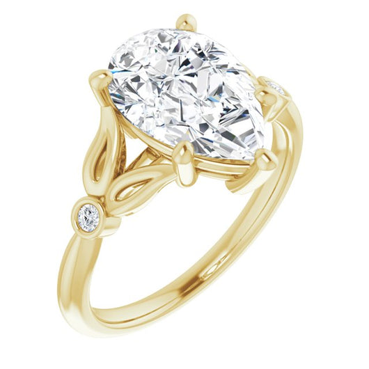 10K Yellow Gold Customizable 3-stone Pear Cut Design with Thin Band and Twin Round Bezel Side Stones