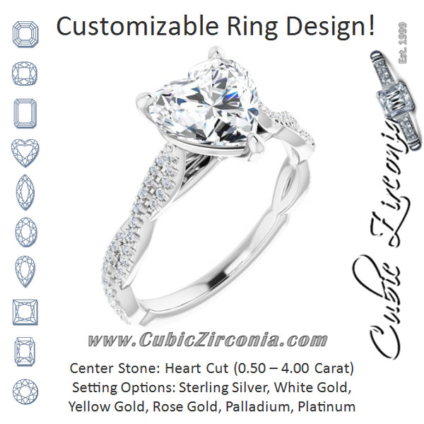 Cubic Zirconia Engagement Ring- The Alelli (Customizable Heart Cut Style with Thin and Twisted Micropavé Band)