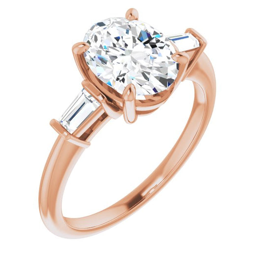 10K Rose Gold Customizable 3-stone Oval Cut Design with Dual Baguette Accents)