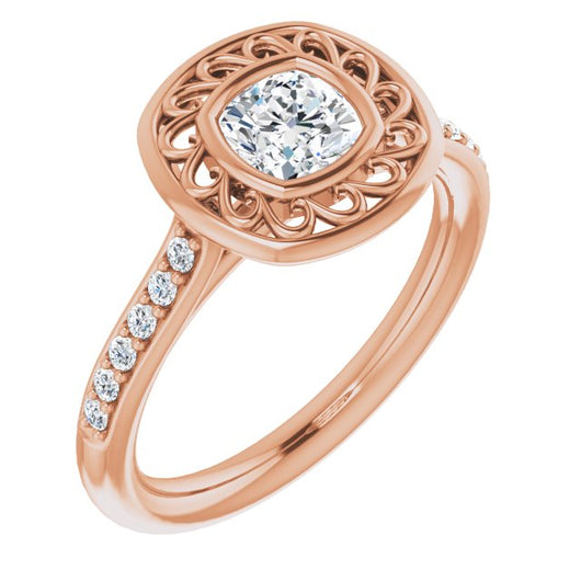 10K Rose Gold Customizable Cathedral-Bezel Cushion Cut Design with Floral Filigree and Thin Shared Prong Band