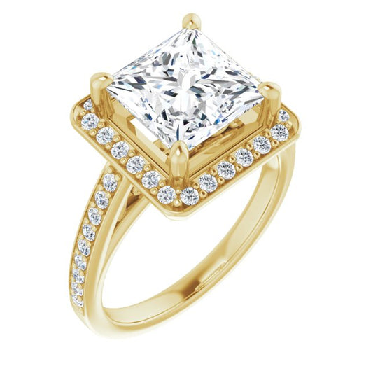 10K Yellow Gold Customizable Princess/Square Cut Style with Halo and Sculptural Trellis