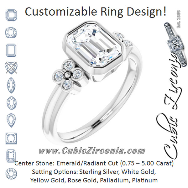 Cubic Zirconia Engagement Ring- The Kjerstin Rose (Customizable 9-stone Bezel-set Emerald Cut Design with Quad Round Bezel Side Stones Each Side)