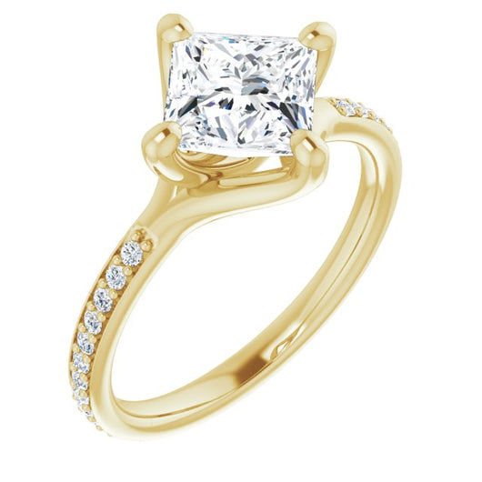 10K Yellow Gold Customizable Princess/Square Cut Design featuring Thin Band and Shared-Prong Round Accents